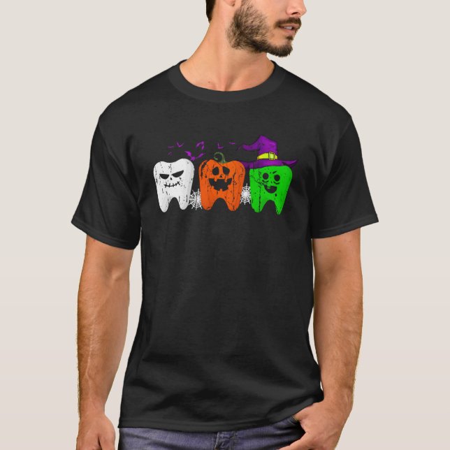 Teeth Ghost Pumpkin Witch Cute Dental Halloween De T Shirt (Framsida)