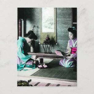 Teetid för två i gamla Japan Vintage Geisha Vykort