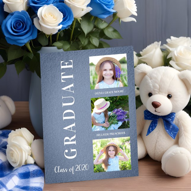Tejido azul antes de la graación de K Tres seso (Pre-K Graduation Simple 3 Photos Blue Fabric Texture Card.)