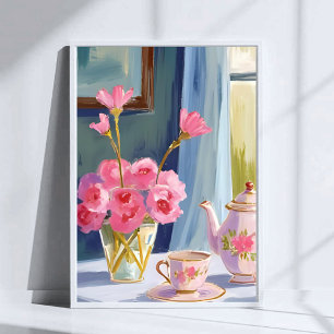 Tekå Party Rosa Blomster Målning Blommig Poster
