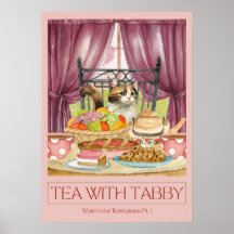 "Tekaffe med Tabby" Akvarell Konstaffisch