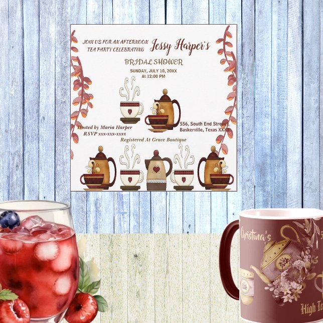 Tekann i lergods eftermiddagste firande av möhippa inbjudningar (Earthen Teapot Afternoon Tea Party Bridal Shower Invitation)