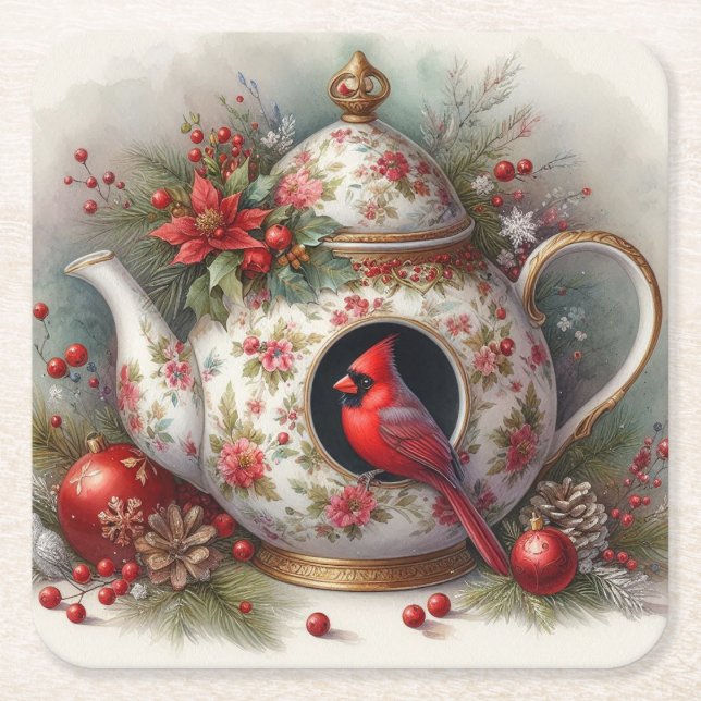 Tekanna Birdhouse-kardinal 7 Underlägg Papper Kvadrat (Framsidan)