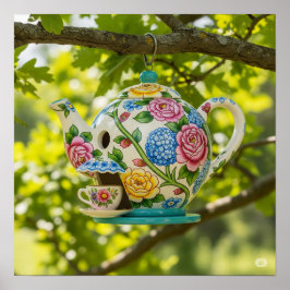 Tekanna Birdhouse med blommor Poster