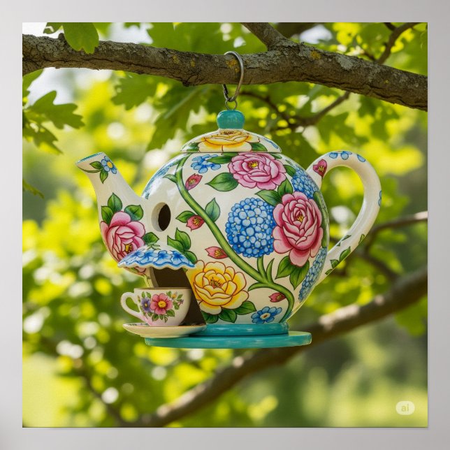 Tekanna Birdhouse med blommor Poster (Framsidan)