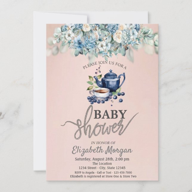 Tekanna Blåbärsblommig Baby Shower Inbjudningar (Framsida)