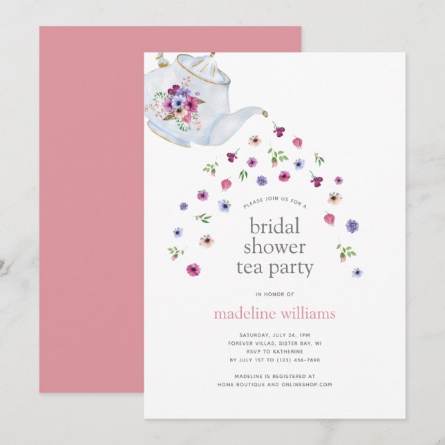 Tekanna Flowers Möhippa Tea Party-inbjudan Inbjudningar (Fram/baksida)