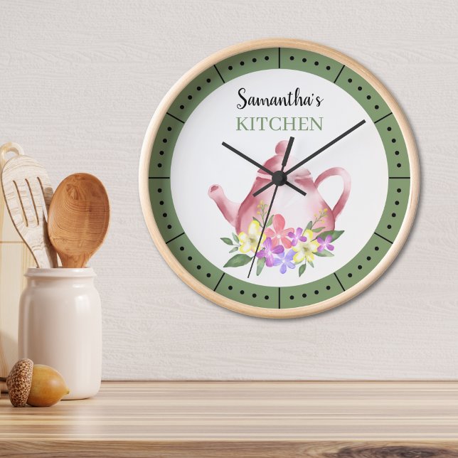 Tekanna för Blommigt av vattenfärgsfärg för eget n Rund Klocka (Watercolor Floral Teapot Custom Name Kitchen Round Clock Rustic home decor Gift for mom grandma)