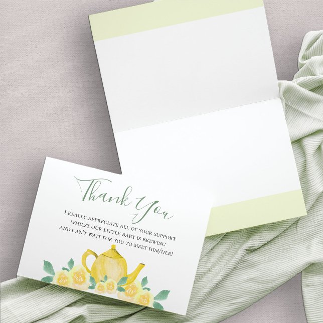 Tekanna för Blommigten Vattenfärg i Gulten Babyklä Tack Kort (Yellow Teapot Baby Shower thank you card)