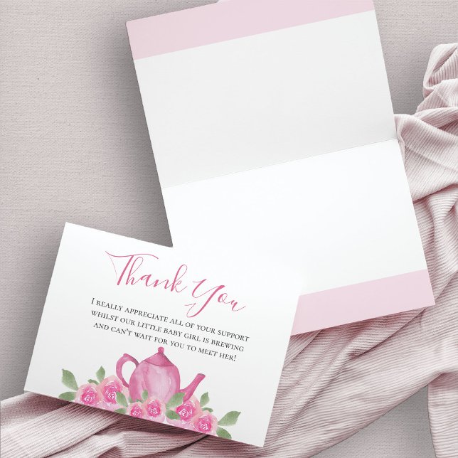 Tekanna för Blommigten Vattenfärgsfärg i Rosa Show Tack Kort (Pink Teapot baby shower thank you card)