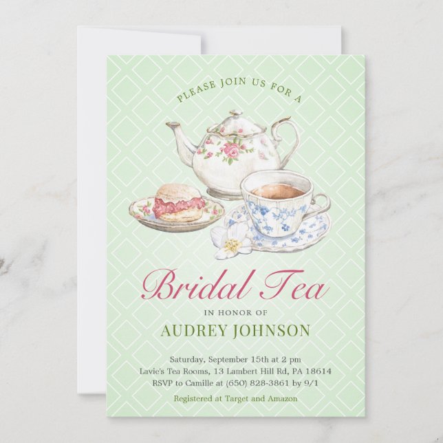Tekanna för Classy Möhippa High Tea Blommigt Bloom Inbjudningar (Framsida)