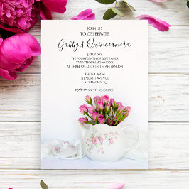 Tekanna fylld med Rosa ros Quinceanera Party Inbjudningar