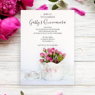 Tekanna fylld med Rosa ros Quinceanera Party Inbjudningar
