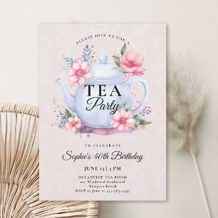 Tekanna i Tea Party Blommigt Damask Rosa 40:e föde Inbjudningar