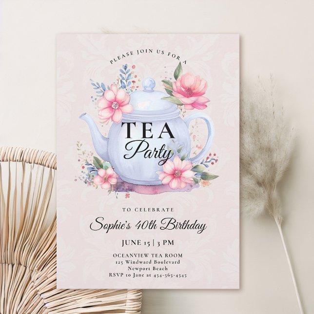Tekanna i Tea Party Blommigt Damask Rosa 40:e föde Inbjudningar (40th birthday invitation tea party floral teapot wildflowers watercolor elegant modern chic)