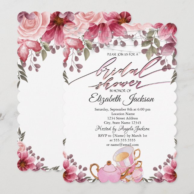 Tekanna Macaron String Ljus Blommigt Möhippa Inbjudningar (Fram/baksida)