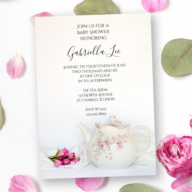 Tekanna med Rosa ros Baby Shower Inbjudningar (Skapare uppladdad)