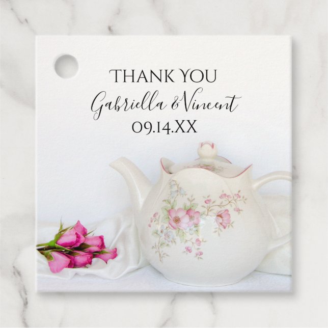Tekanna med Rosa ros Bröllop Gåvor Etiketter (Framsida)