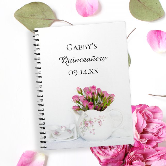 Tekanna med Rosa ros Quinceañera Guest Bok Anteckningsbok (Skapare uppladdad)