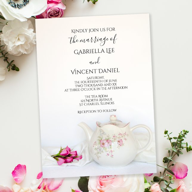 Tekanna med Rosa ros Tea Party Bröllop Inbjudningar (Skapare uppladdad)