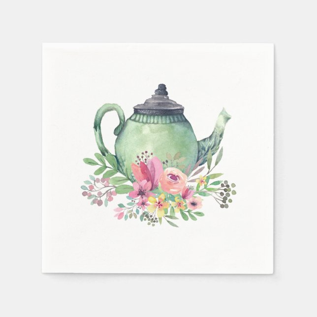 Tekanna och Blommigt för vattenfärg i grönt Pappersservett (Framsidan)