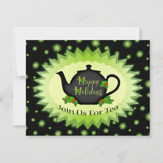 Tekanna och Holly Chrisrmas Tea Party-inbjudningar Inbjudningar (Framsida)