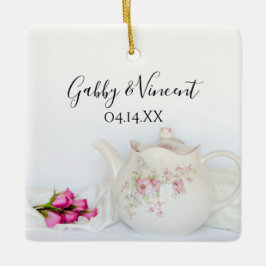 Tekanna och Rosa ros Bröllop Julgransprydnad Keramik