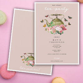 Tekanna Party Rosa Blommigt Butterflies Baby Showe Inbjudningar