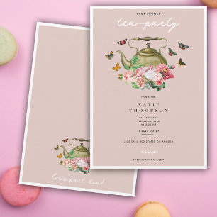 Tekanna Party Rosa Blommigt Butterflies Baby Showe Inbjudningar