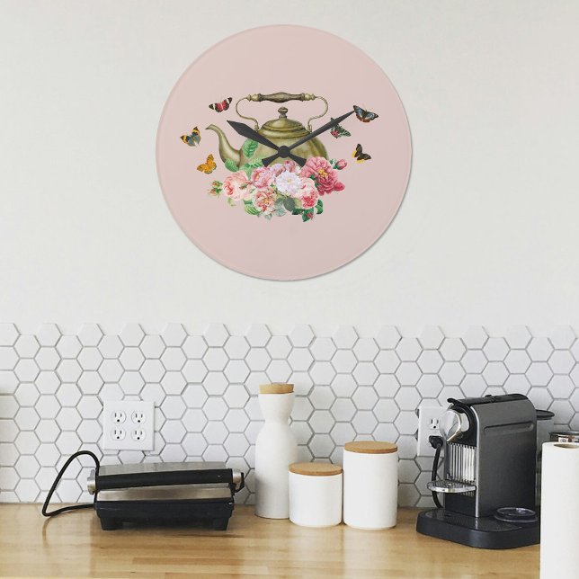 Tekanna Party Rosa Blommigt & Butterflies Kitchen Stor Klocka (Teapot Party Pink Floral & Butterflies Kitchen Large Clock)