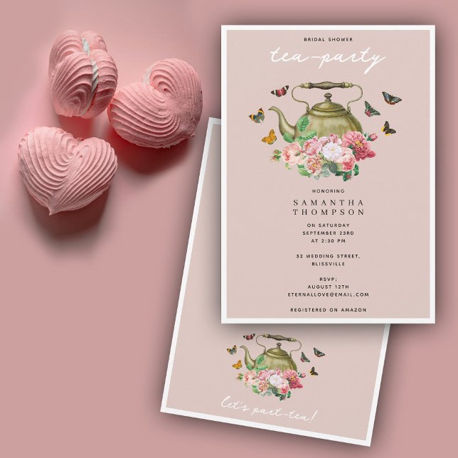Tekanna Party Rosa Blommigt Butterflies Möhippa Inbjudningar (Teapot Party Pink Floral Butterflies Bridal Shower Invitation)