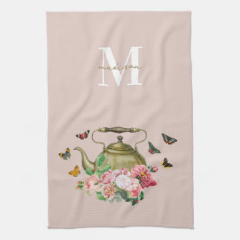 Tekanna Party Rosa Blommigt och Butterflies Monogr Kökshandduk
