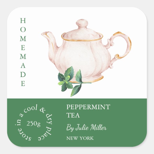 Tekanna Peppermint Tea Label Fyrkantigt Klistermärke (Framsida)