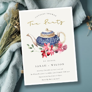Tekanna Red Blommigt Par Shower Tea Party Inbjudan