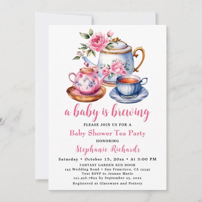 Tekanna Rosa ros Flower Tea Party Baby Shower Inbjudningar (Framsida)