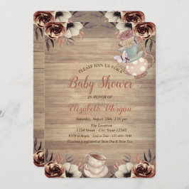 Tekanna Tea kopp Flowers Wood Baby Shower Inbjudningar