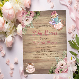 Tekanna Tekopp Blommig Trä Bebis-fest Inbjudningar
