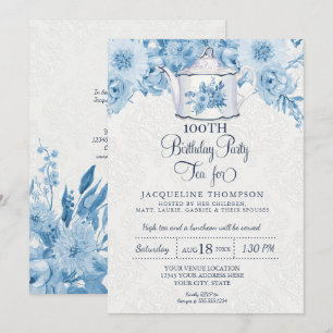 Tekannan för den blå Blommigten Tea Party Dusty Bl Inbjudningar