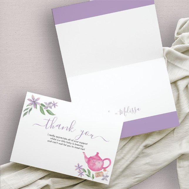 Tekannan för spädbarnshuggning av Rosa - tack för  Kort (Cute teapot thank you card in Lavender and Pink )