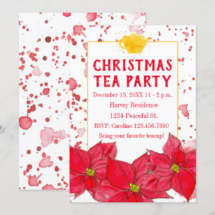 Tekannan Poinsettias i   vid jul Tea Party Inbjudningar