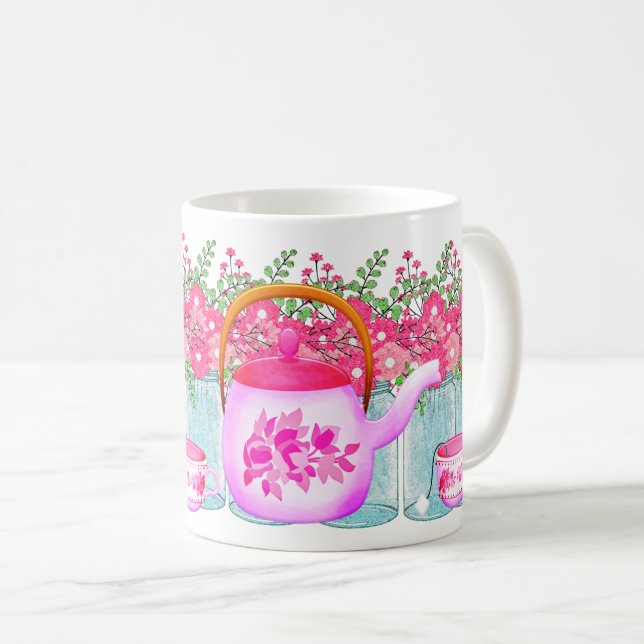 Tekannan rosa blomma - Elegantens Blommigt  design Kaffemugg (Framsida höger)