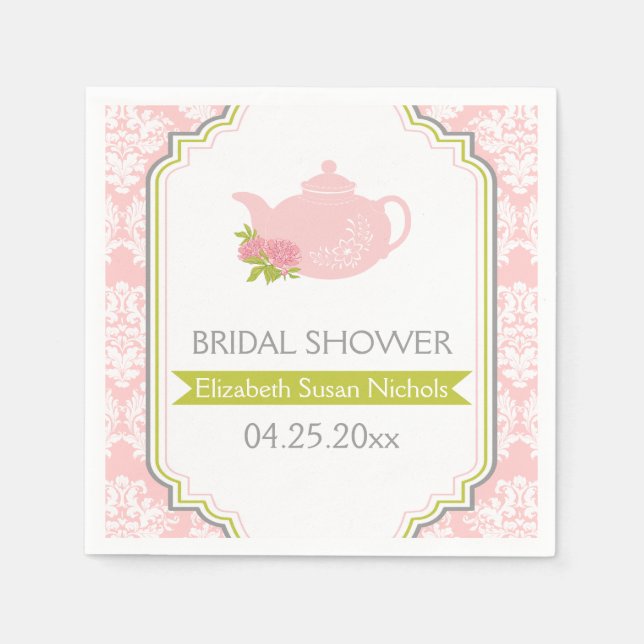 Tekannan Tea party, rosa av damm, grönt bröllop Pappersservett (Framsidan)