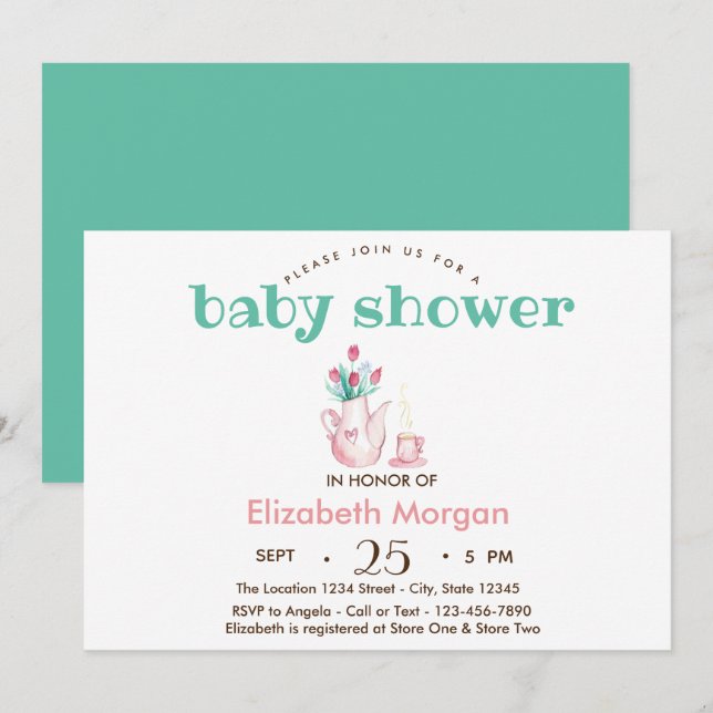 Tekannans Blommor Baby Shower Inbjudningar (Fram/baksida)