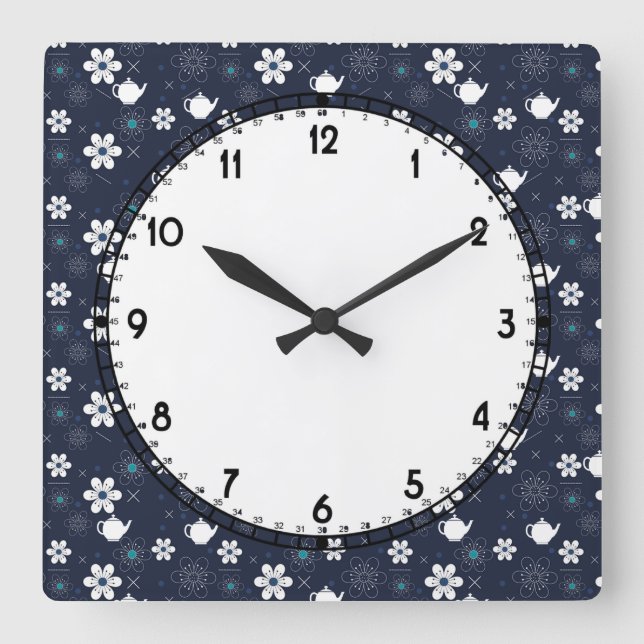 Tekannor och blommor fyrkantig klocka (Framsida)