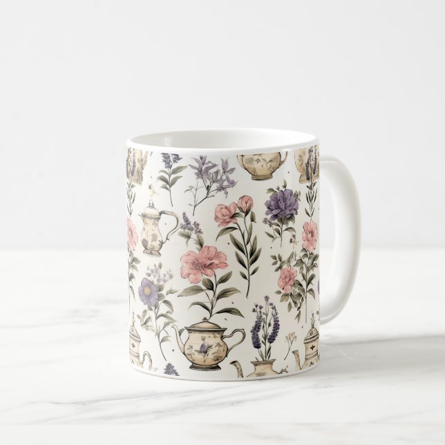 Tekannor och trädgårdsblommor - Charming Mönster Kaffemugg (Framsida höger)