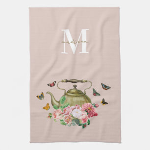 Tekannsfest Rosa Blommor & Fjärilar Monogram Kökshandduk