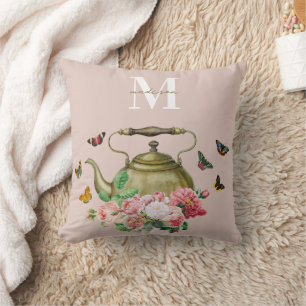 Tekannsfest Rosa Blommor & Fjärilar Monogram Kudde