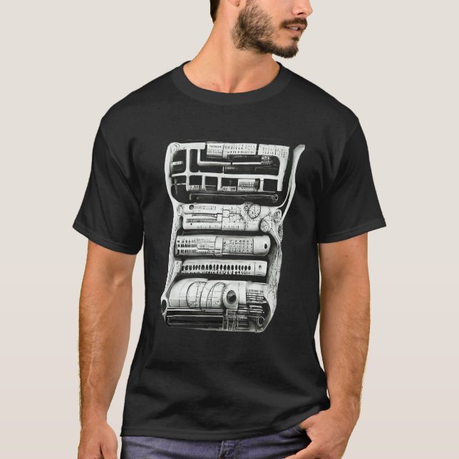 Teknisk komplex mekanisk maskin blyertsteckning t shirt (Framsida)