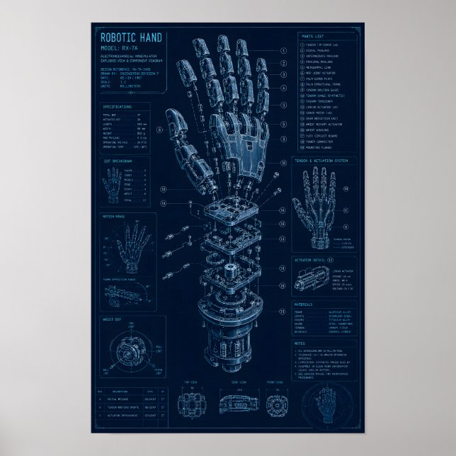 Teknisk ritning av robot hand poster (Framsidan)