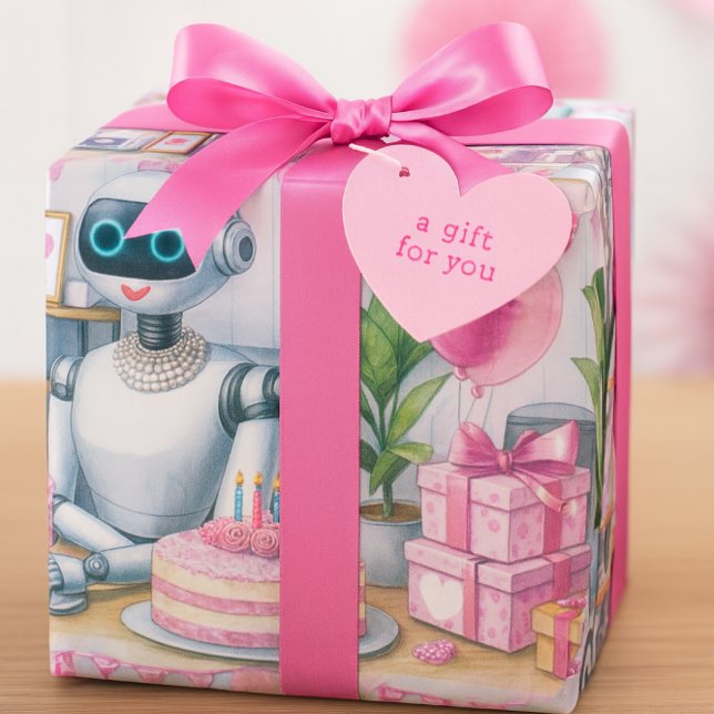 Tekniska Flickor Robot Födelsedag  Presentpapper (Wrapped in whimsy, this robot-themed birthday gift brings futuristic charm to your celebration.)